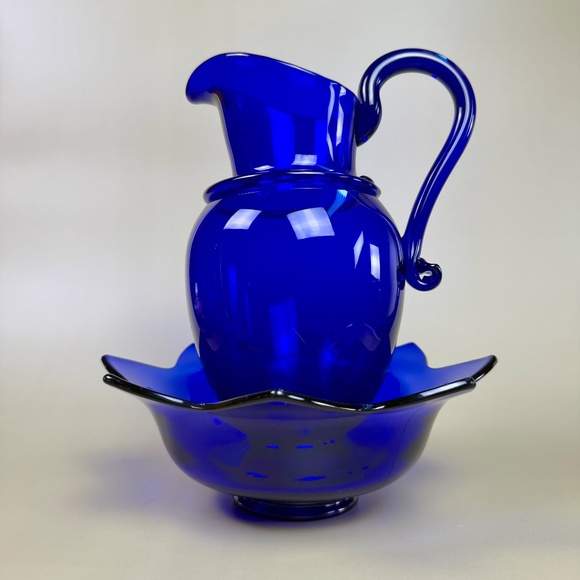 Vintage Cobalt Blue Glass Pitcher & Ruffled Bowl Set | Hand Blown Art Glass - Picture 3 of 16